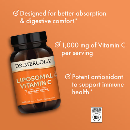 Dr. Mercola's Liposomal Vitamin C - advanced formula for better absorption, supporting immune, heart, eye, and brain health, and boosting collagen production. Available at BiosenseClinic.com.